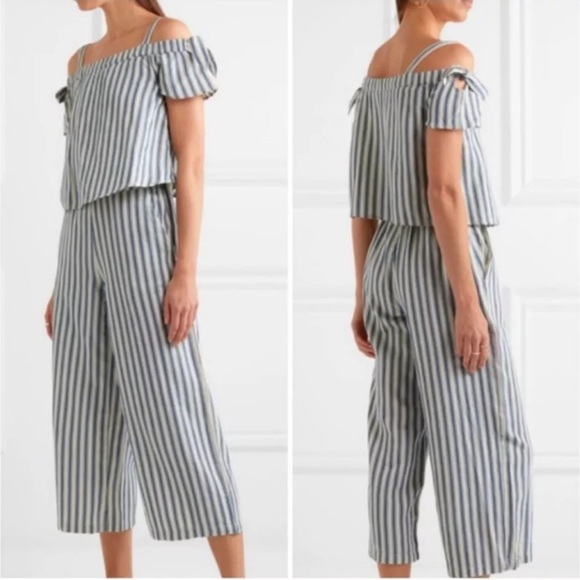 Madewell Pants - Madewell Coastal White Blue Striped Cold-Shoulder Wide Leg Jumpsuit Size S Linen